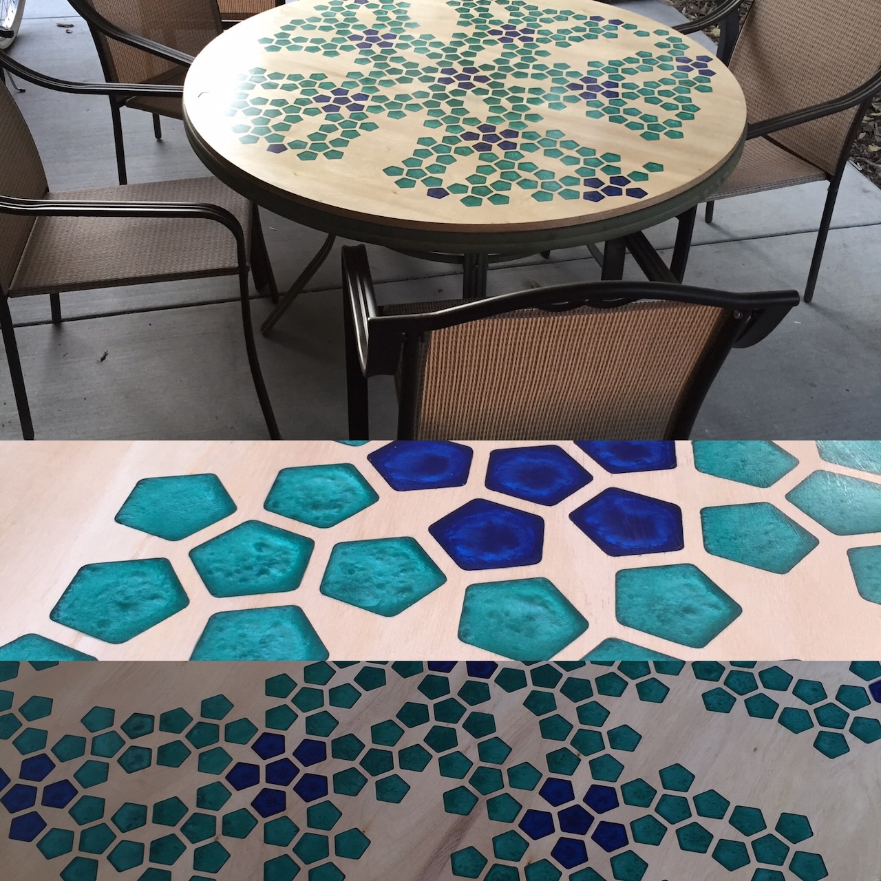 Picture at different zoom levels of a wood and epoxy tabletop with a pentaflake pattern.